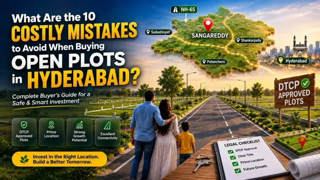 Open Plots in Hyderabad buyer's guide with Sangareddy map and land investment illustration