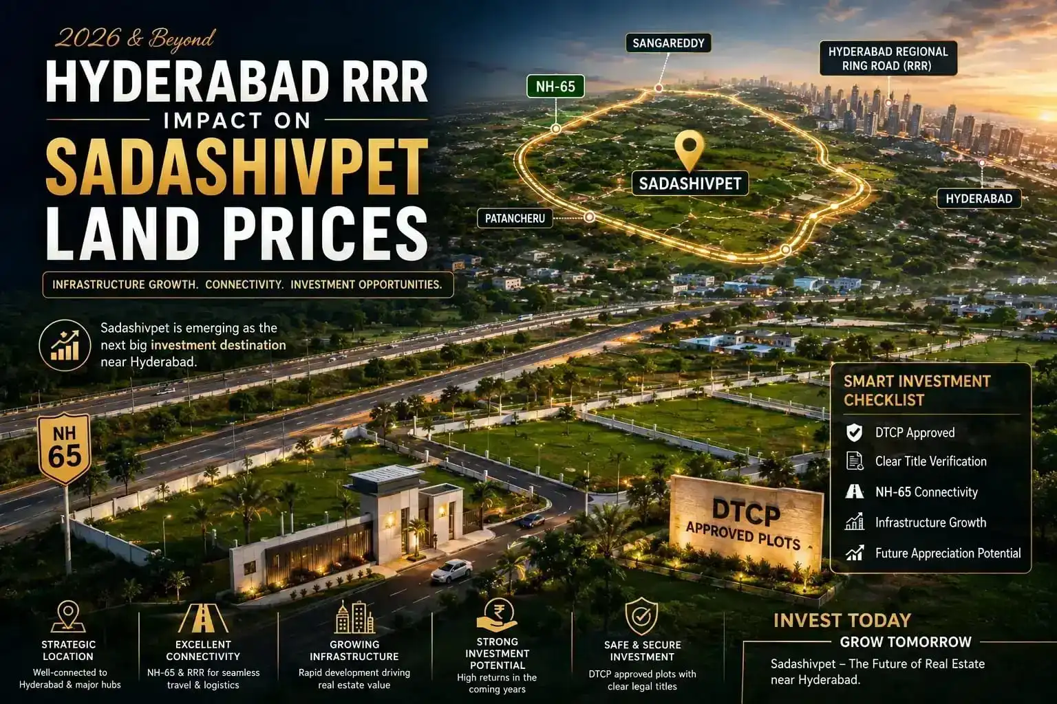 Hyderabad (Regional Ring Road) RRR Impact on Sadashivpet Land Prices in 2026, highlighting infrastructure growth, connectivity improvements, and plot investment opportunities.