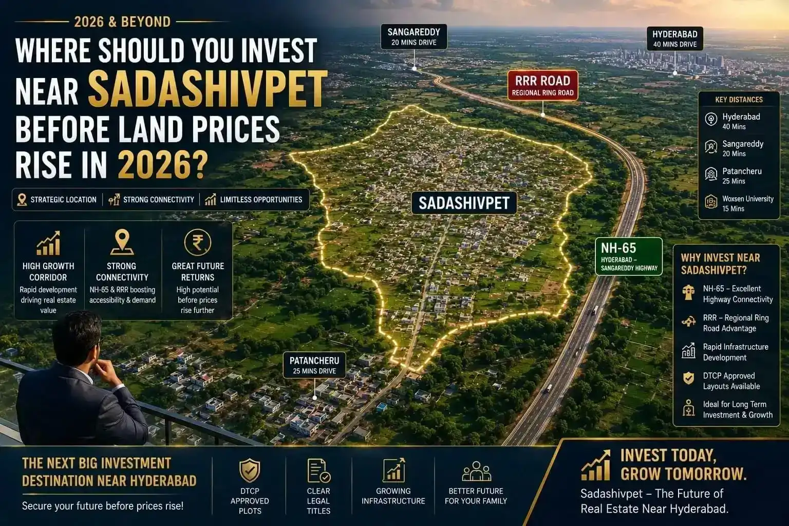 Discover the best locations to invest before Sadashivpet land prices rise in 2026. Explore the NH-65 corridor, RRR connectivity, and emerging growth opportunities near Hyderabad.